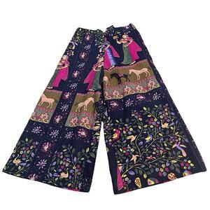 Womens Boho Cropped Wide Leg Pants Medium Woven Ancient People And Horse Print